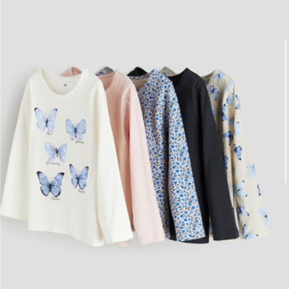 H&M New 6/7 5 Girls Long Sleeve Shirt Bundle, Butterfly Floral Blue Pink Grey